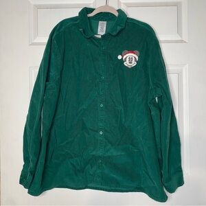 Disney Green Corduroy Embroidered MICKEY MOUSE Long Sleeve Button Up Shirt XXL